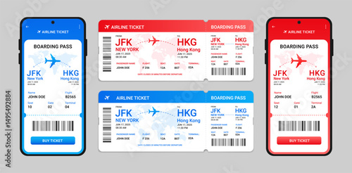 Boarding pass set. Airplane ticket online booking in the phone. Digital airline boarding pass on mobile screen. Vector illustration.