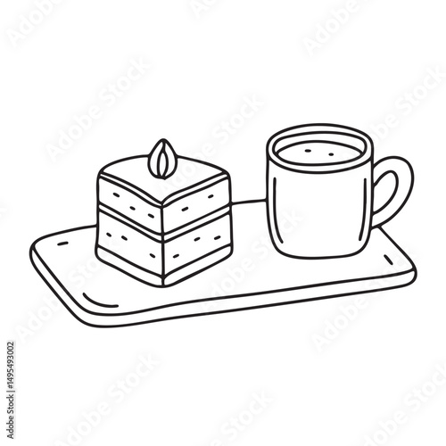 A tiramisu sitting near a coffee cup on a small tray