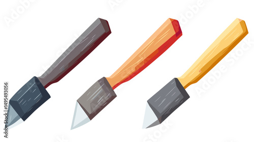 Set of Three Colorful Kitchen Knives with Wooden Handles and Sharp Blades in Pixel Art Style