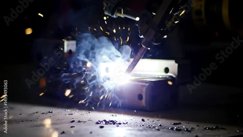 Wallpaper Mural Dynamic shot of a robotic arm welding metal parts, bright flying sparks and intense light glow Torontodigital.ca