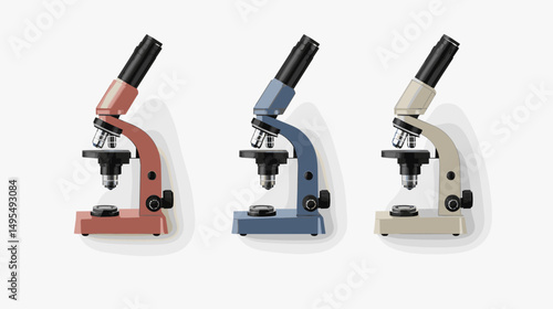 Set of Three Colorful Microscopes on a Clean Background for Scientific Research and Education