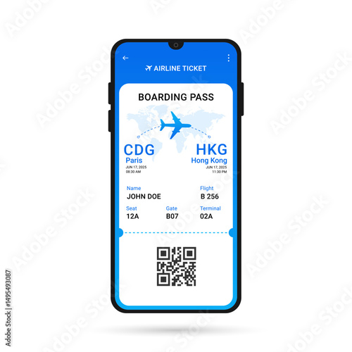 Aeroplane ticket. Digital airline boarding pass mobile app template. Flight online booking concept, Vector illustration.