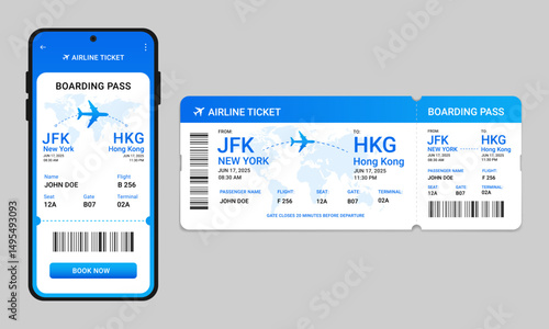 Boarding pass template. Airplane ticket online booking in the phone. Digital airline boarding pass on smartphone display. Paper ticket, travel concept.