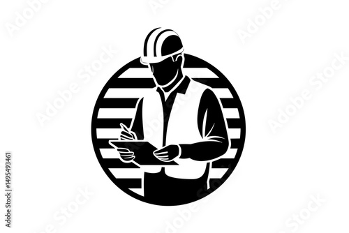 Silhouette of a Construction Worker in Safety Helmet and Vest Observing with Clipboard