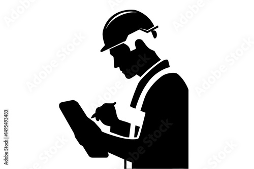 Silhouette of a Construction Worker in Hard Hat Taking Notes on Clipboard with Focused Expression