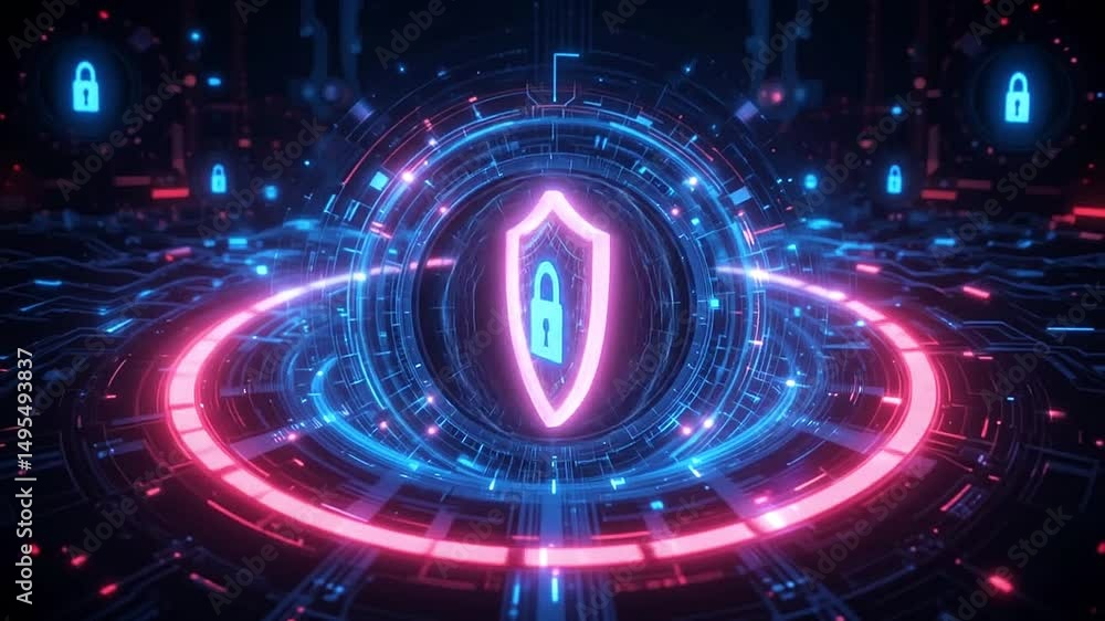 Futuristic cybersecurity shield rotating in center of black background, surrounded by glowing firewall rings and digital lock icons Futuristic cybersecurity shield rotating in center of black background, surrounded by glowing firewall rings and digital lock icons