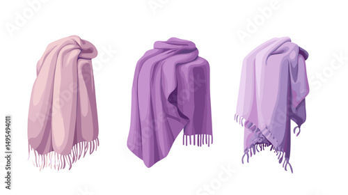 Set of Three Purple Scarves in Graduated Shades with Fringed Edges on a Light Background