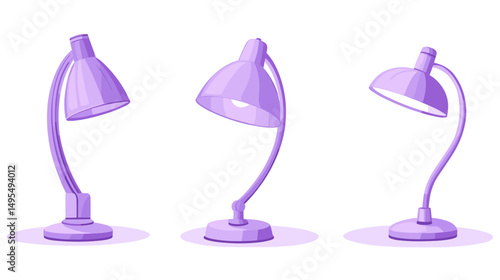 Set of Three Purple Desk Lamps with Unique Designs and Flexible Neck in a Bright Space