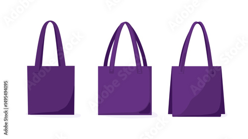Set of Three Purple Tote Bags with Unique Designs and Simplistic Styles on a White Background