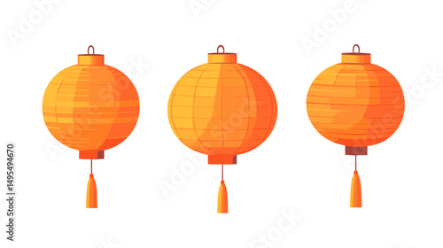 Set of Three Traditional Orange Lanterns Hanging with Tassels for Festival Celebration