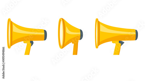 Set of Three Yellow Megaphones with Different Angles Used for Announcements and Communication