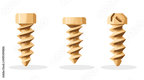 Set of Three Wooden Screws in Various Positions Highlighting Unique Thread Designs and Shapes