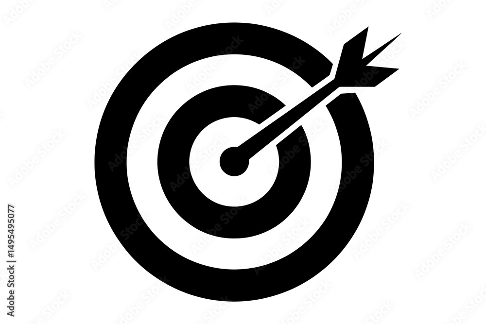 Black and White Illustration of a Bullseye Target with Arrow Centered in Precision Zone Black and White Illustration of a Bullseye Target with Arrow Centered in Precision Zone