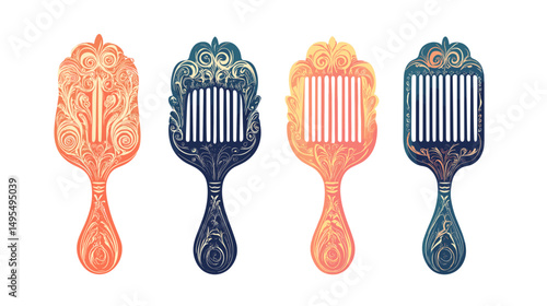 Set of Vintage Decorative Handheld Hairbrushes with Intricate Patterns in Warm Colors