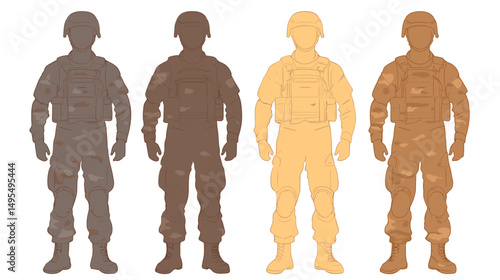 Silhouettes of Diverse Military Soldiers in Various Tan and Brown Camouflage Uniforms