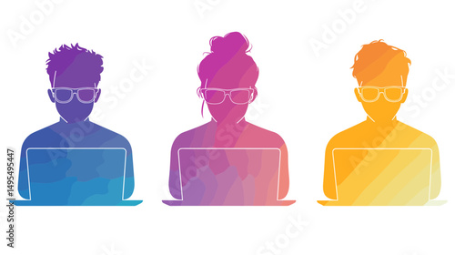 Silhouettes of Three Diverse Individuals Working on Laptops in Modern Gradient Colors