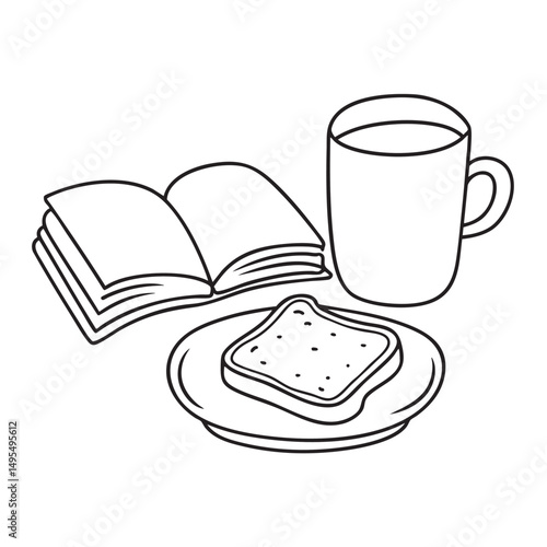 A toast in plate beside a mug and opened book