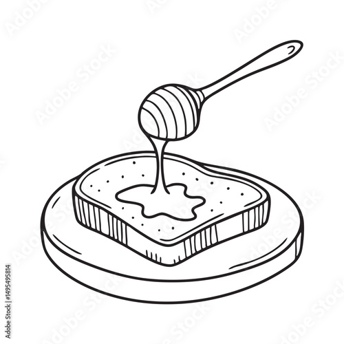 A toast in plate with dripped honey beside a spoon