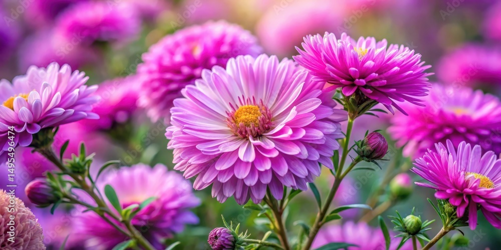 Fototapeta premium Vibrant Pink Aster Flowers Blooming in a Lush Garden, a Close-Up View Showing Delicate Petals and Vivid Colors