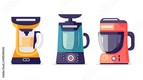 Set of Colorful Kitchen Appliances Featuring Coffee Maker and Blender in Modern Style
