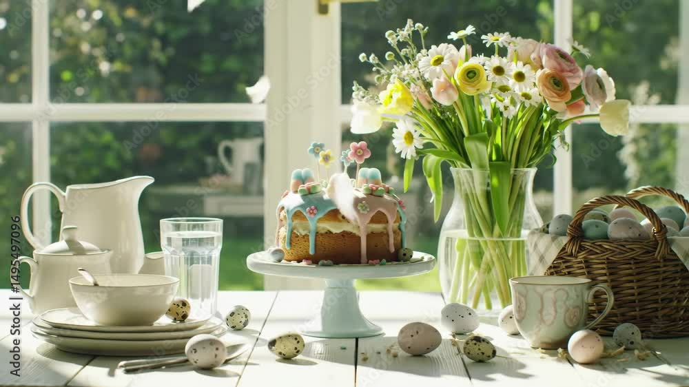 Celebrate spring with a delightful cake and fresh flowers in a sunlit kitchen Celebrate spring with a delightful cake and fresh flowers in a sunlit kitchen
