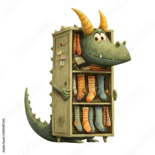 Dragon in the wardrobe: An adorable cartoon dragon peeks curiously from behind a wardrobe filled with colorful socks, embodying playful imagination and creative joy. 