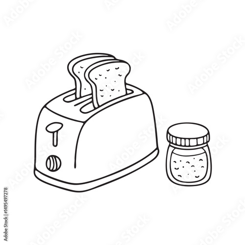 A toaster with popped toast beside a jam bottle