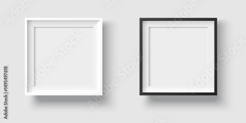 modern squarish picture and photo frames in white and black, with passepartout and shadow, realistic vector template on white background