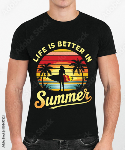 Mens Summer Surfing TShirt Design Retro Sunset Beach