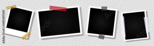collection of vintage photo frames with different ratio on transparent background, fixed with transparent tape on wall 