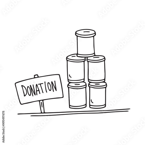 Stacked tins placed beside a donation sign on a table