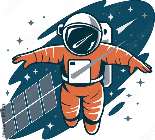 Astronaut floating in space with a spacesuit and satellite against a starry dark blue background illustration