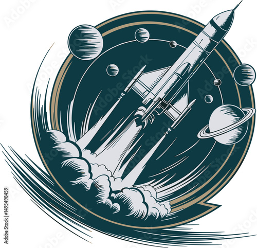 Vintage space rocket launching into the cosmos surrounded by planets and a stylized circular design