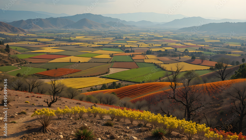 Naklejka premium Vibrant agricultural landscapes fading into barren land, highlighting the escalating consequences of global warming and accelerating climate change.