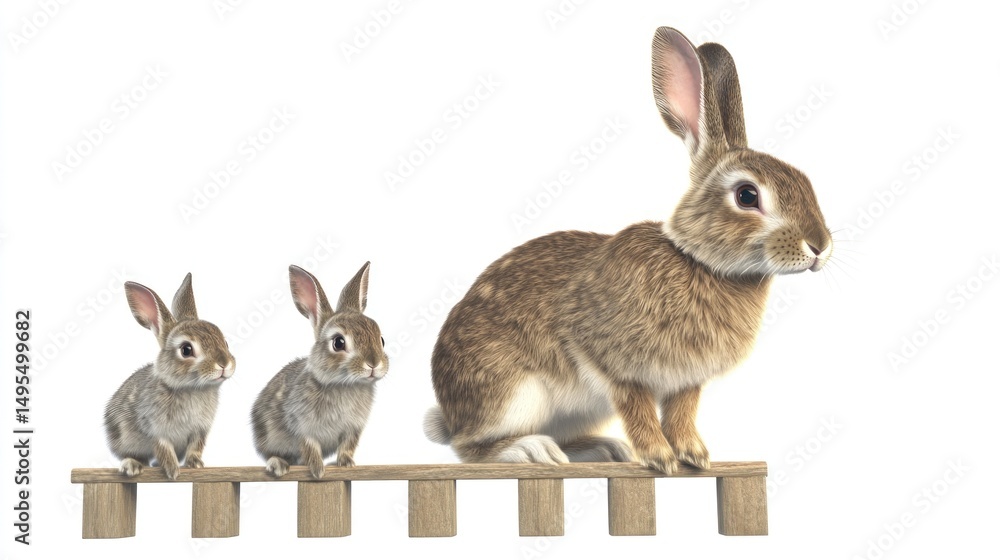 Fototapeta premium Rabbits of different sizes on wooden platform, white background, family, growth