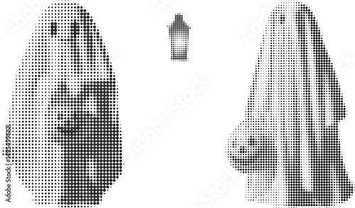 Vector halftone illustration of ghost, halloween, pumpkin. Vintage retro style black and white dotted texture for pop art posters, tattoos, surreal collages.