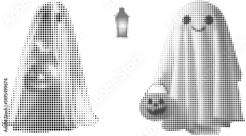Vector halftone illustration of ghost, halloween, pumpkin. Vintage retro style black and white dotted texture for pop art posters, tattoos, surreal collages.