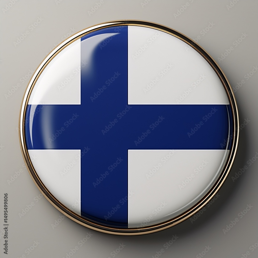 Fototapeta premium Runder Button mit finnischer Flagge auf neutralem Hintergrund