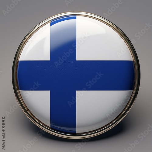 Runder Button mit finnischer Flagge auf neutralem Hintergrund photo