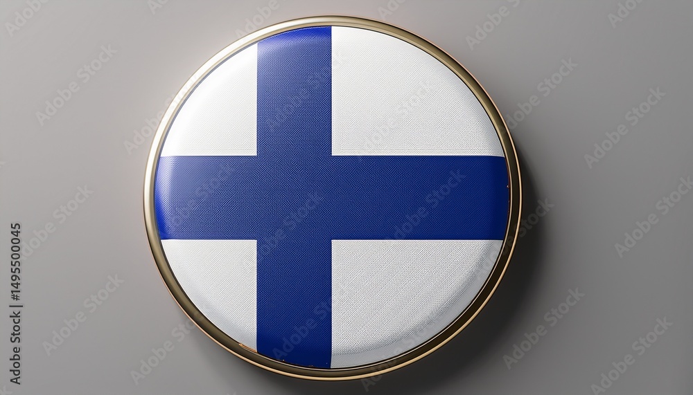 Obraz premium Runder Button mit finnischer Flagge auf neutralem Hintergrund