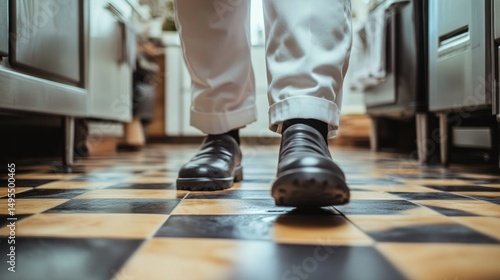 Chef walking in a kitchen