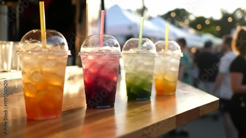 Colorful refreshment lineup shines under golden sunset at lively outdoor festival gathering
