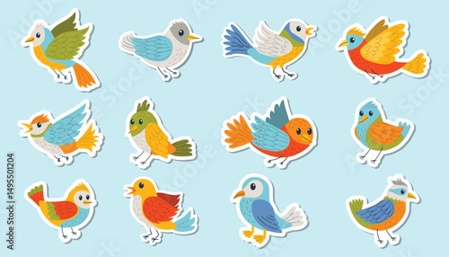 Set of colorful cartoon stickers with birds in flat style, featuring various species with bright feathers. Stickers of flying birds isolated on blue background.