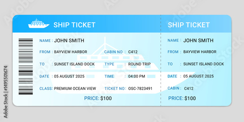 Cruise ship ticket design template for vacation, adventure travel concept. Boat ticket vector design, ticket,