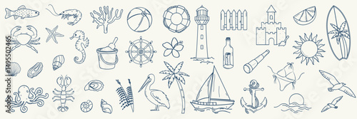Coastal summer doodle illustration set. Hand drawn whimsical lighthouse, lobster, crab, bikini, palm tree, shells and  anchor illustration for greeting cards, invitations, wrapping paper.