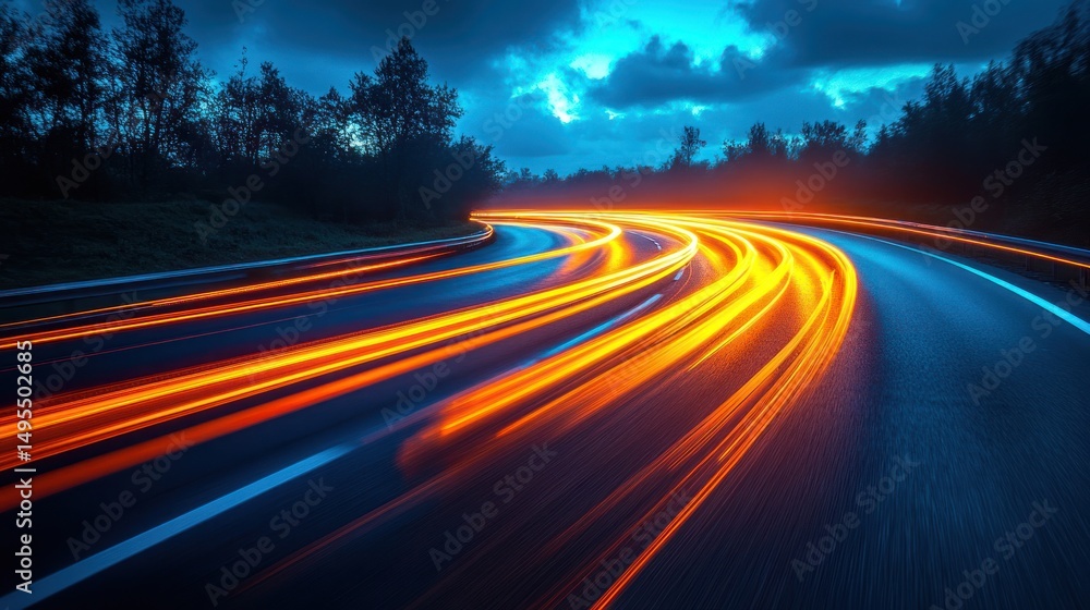 Night Drive: Curving Road with Light Trails Night Drive: Curving Road with Light Trails