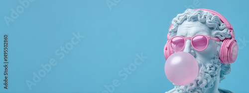 Classical statue with pink headphones and sunglasses blowing bubblegum on blue background