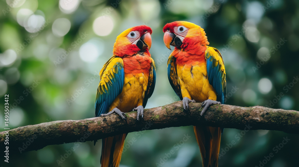 Obraz premium Tropical birds sitting on a tree branch in the rainforest