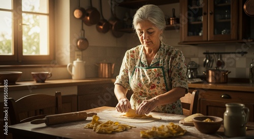 A traditional Italian grandmother making fresh pasta by hand in a rustic kitchen, soft natural lighting, flour on the wooden table, vintage decor, warm tones