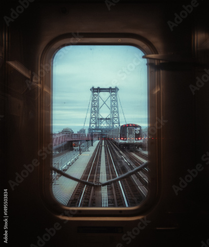 New York, USA: subway train window in motion on Williamsburg bridge